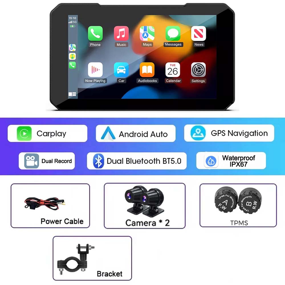 Motorcycle Wireless Touch Screen 5-inch - CarPlay & Android Auto