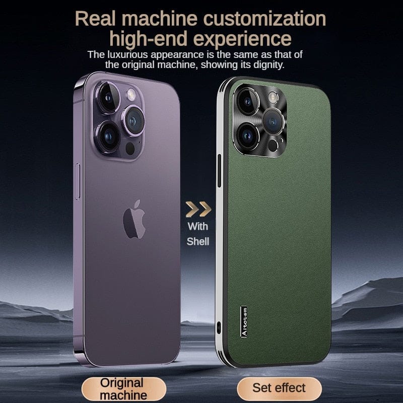 Business high-end vegan leather pattern metal lens ring drop-proof phone case (with logo)