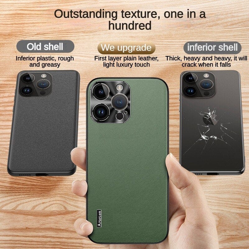 Business high-end vegan leather pattern metal lens ring drop-proof phone case (with logo)