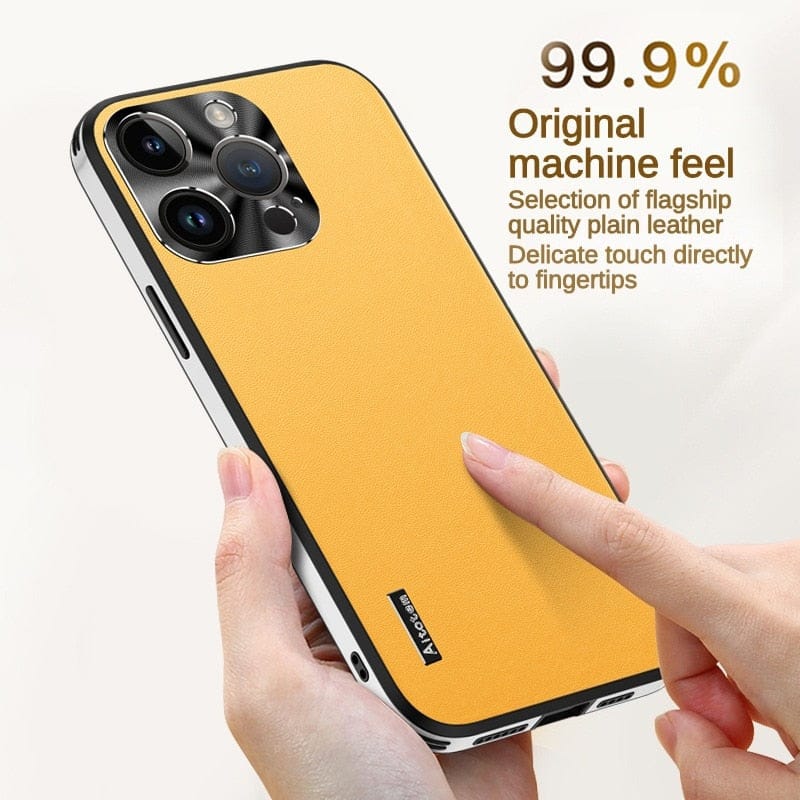 Business high-end vegan leather pattern metal lens ring drop-proof phone case (with logo)