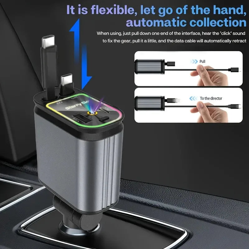 4in1 Retractable Car Charger with USB Roof Star