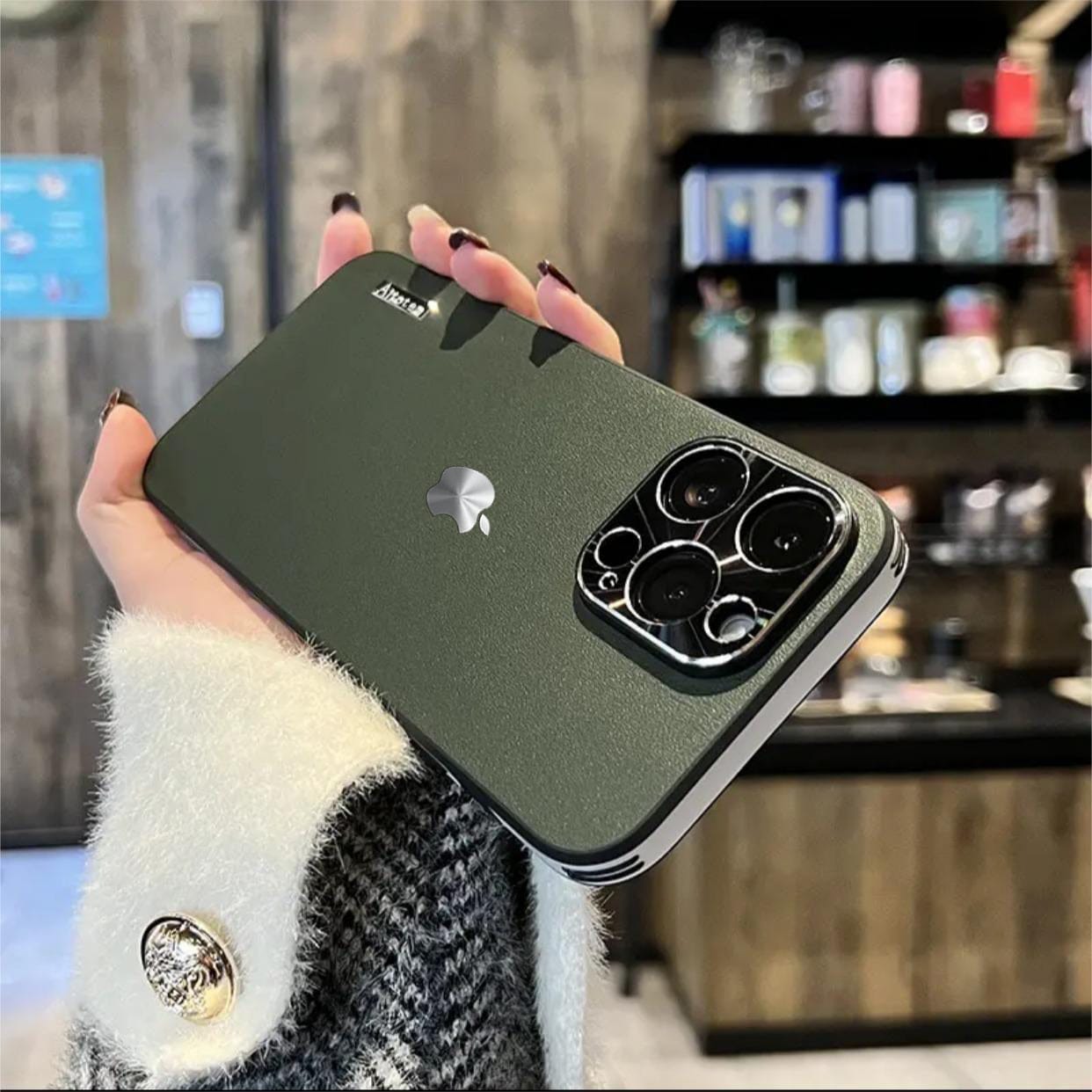 Business high-end vegan leather pattern metal lens ring drop-proof phone case (with logo)