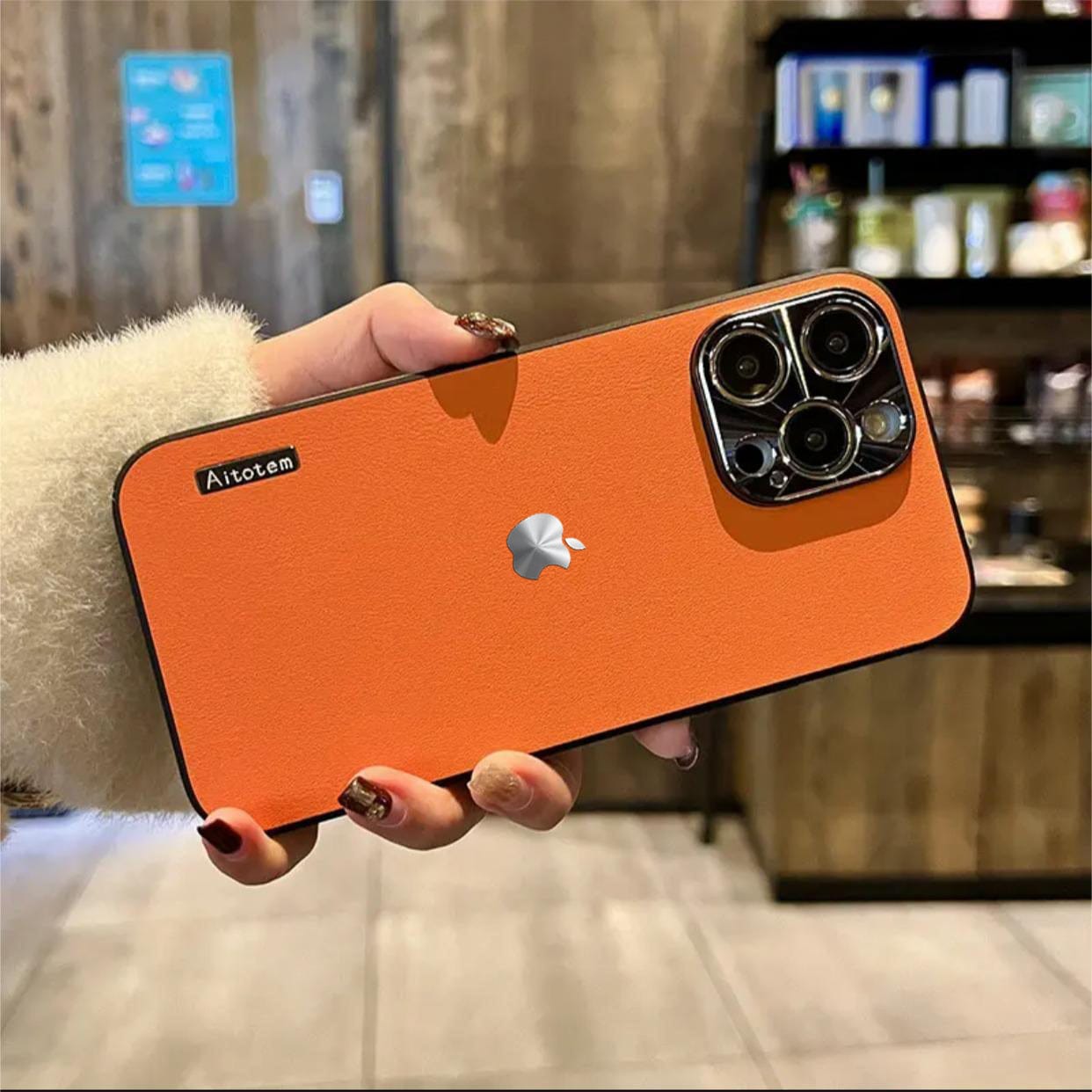 Business high-end vegan leather pattern metal lens ring drop-proof phone case (with logo)