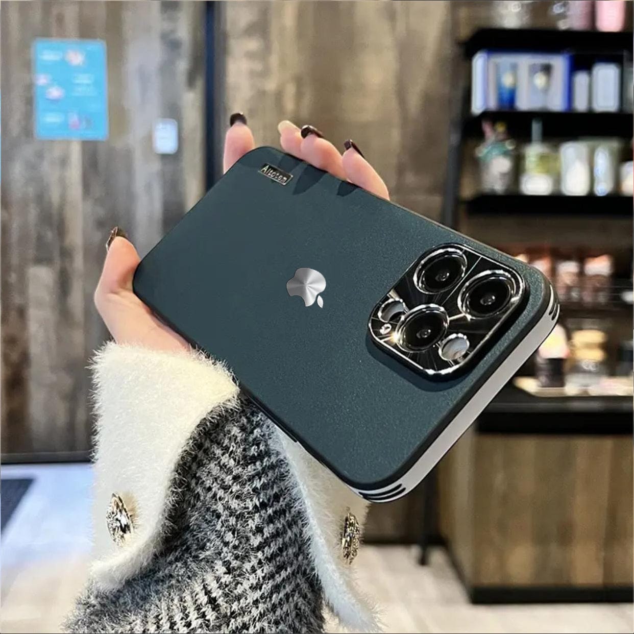Business high-end vegan leather pattern metal lens ring drop-proof phone case (with logo)