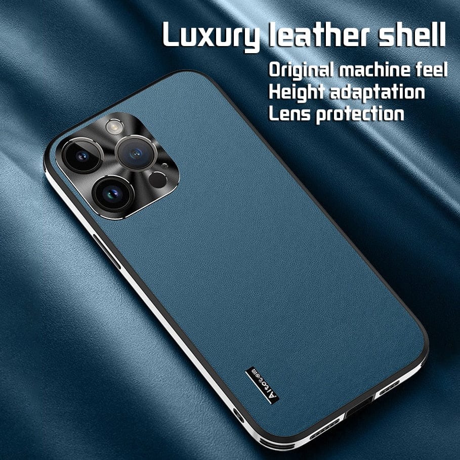 Business high-end vegan leather pattern metal lens ring drop-proof phone case (with logo)