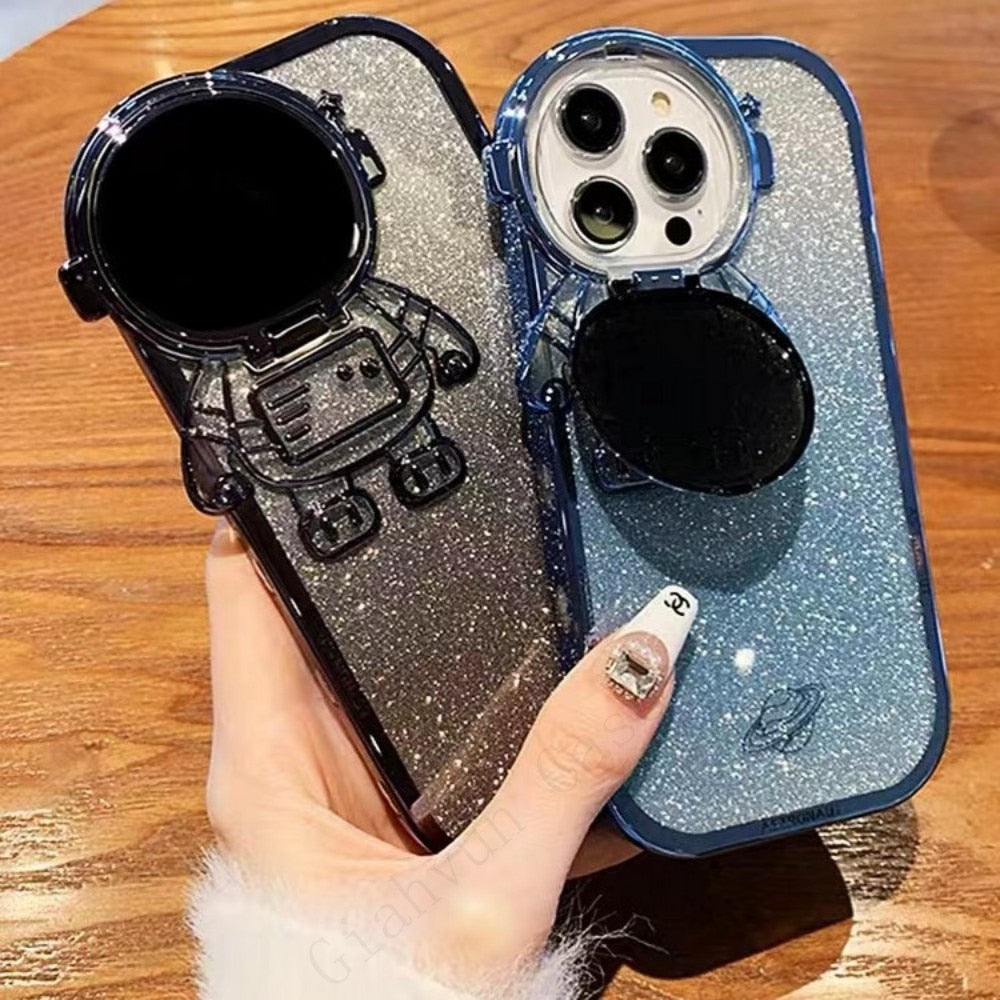 Glitter Astronaut Camera Stand Phone Case For iphone