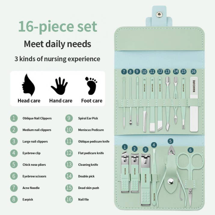 (16pcs/Set) Stainless Steel Nail Clipper Set With Folding Bag Nail Knife Set Scissors Makeup Beauty Tools