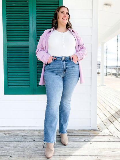 Vintage spijkerbroek met dubbele knoop en rafelige zoom, uitlopende pijpen (Koop 2, gratis verzending)