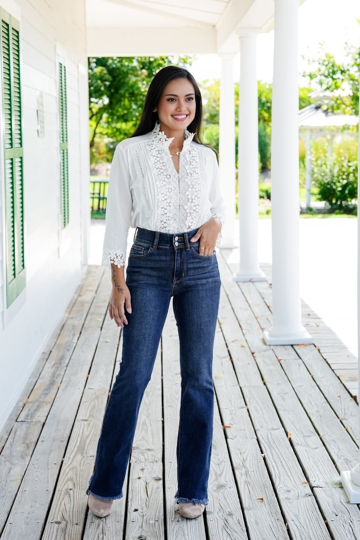 Vintage spijkerbroek met dubbele knoop en rafelige zoom, uitlopende pijpen (Koop 2, gratis verzending)