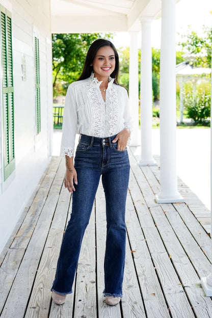 Vintage spijkerbroek met dubbele knoop en rafelige zoom, uitlopende pijpen (Koop 2, gratis verzending)