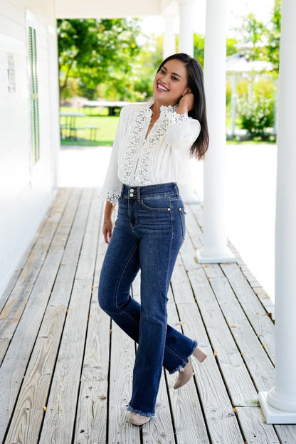 Vintage spijkerbroek met dubbele knoop en rafelige zoom, uitlopende pijpen (Koop 2, gratis verzending)