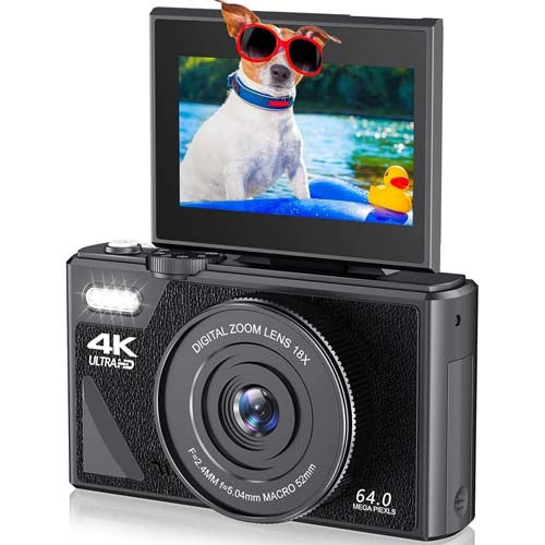 UHD 4K 64MP, Digital Camera with Flip Screen LCD