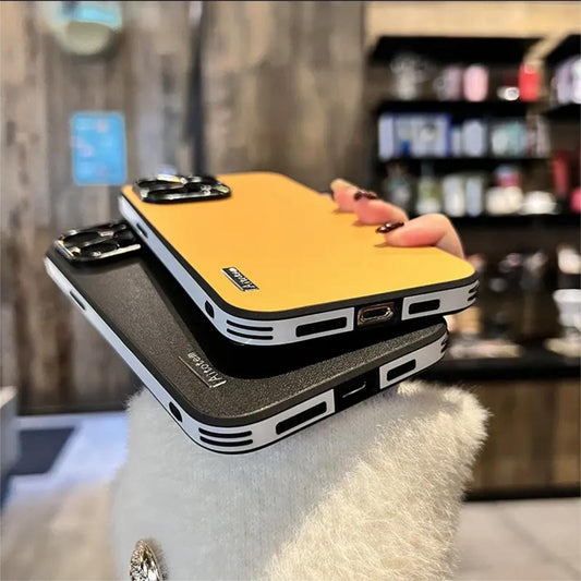 Business high-end vegan leather pattern metal lens ring drop-proof phone case (with logo)