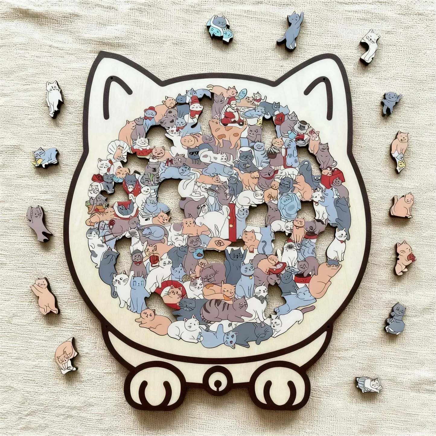 135-Piece Morandi-Colored Cat Shaped Wooden Jigsaw Puzzle