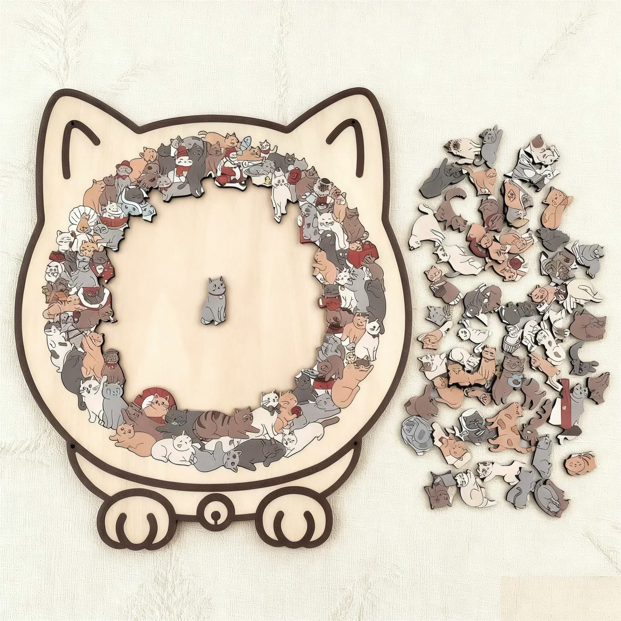 135-Piece Morandi-Colored Cat Shaped Wooden Jigsaw Puzzle