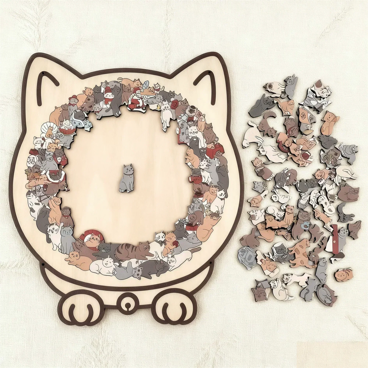 135-Piece Morandi-Colored Cat Shaped Wooden Jigsaw Puzzle
