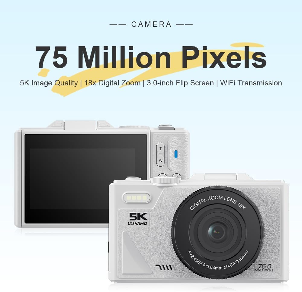 5K 75MP, Digital Camera with Flip Screen LCD