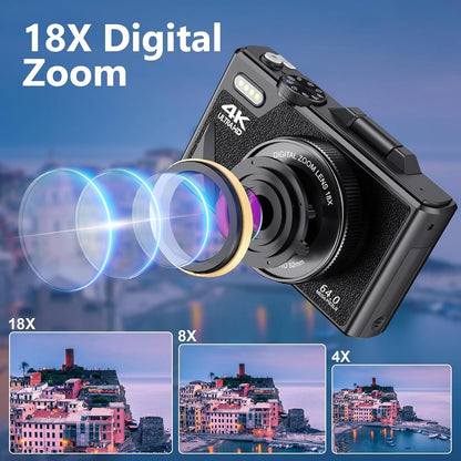 UHD 4K 64MP, Digital Camera with Flip Screen LCD