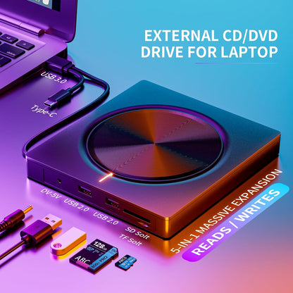 External USB-C 3.0 DVD/CD Drive – with SD/TF Card Reader & 2 USB Hub Ports for Mac, Windows, Linux