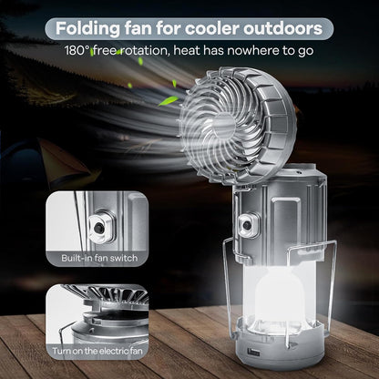 Portable Solar Camping Lantern with Fan & Rechargeable Battery