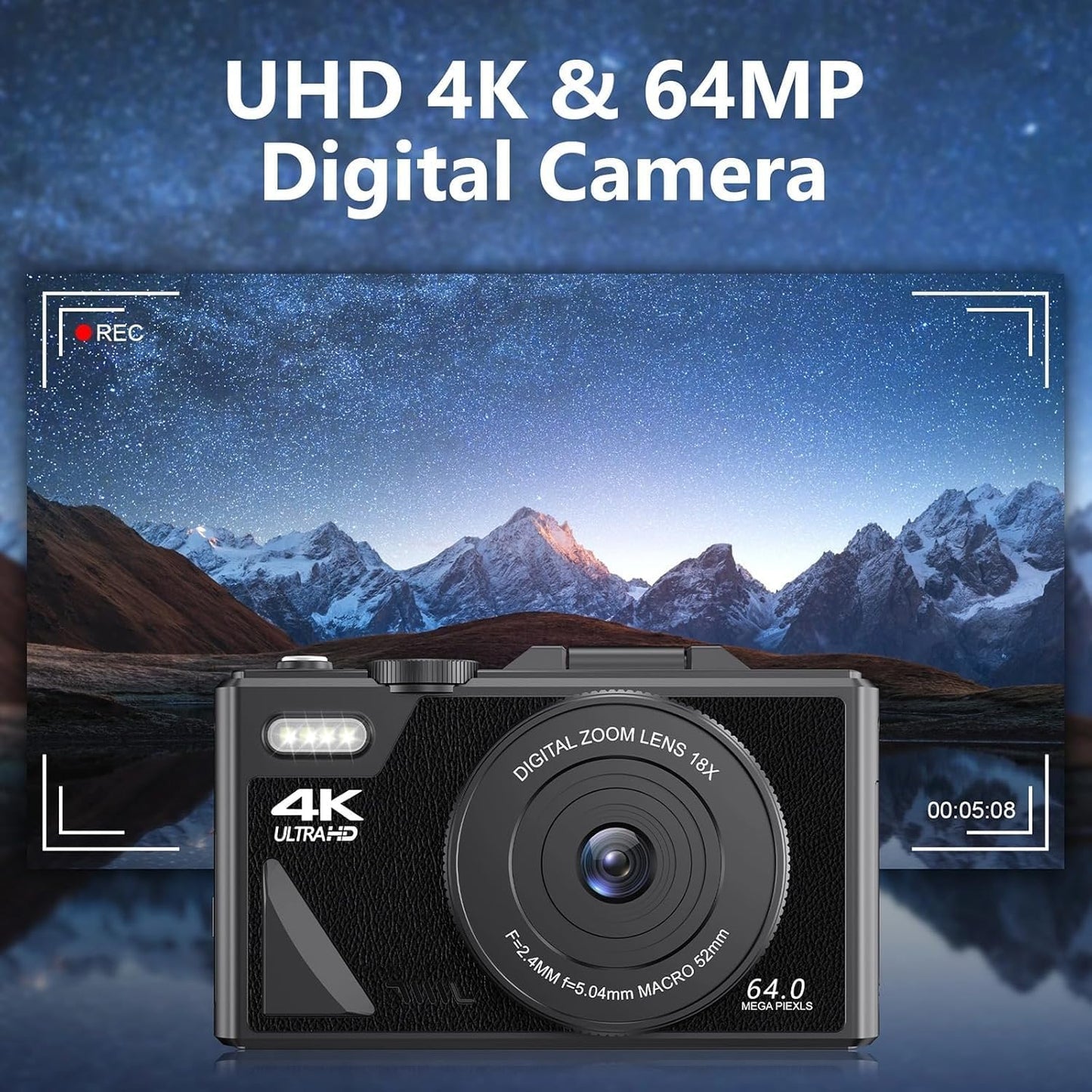 UHD 4K 64MP, Digital Camera with Flip Screen LCD