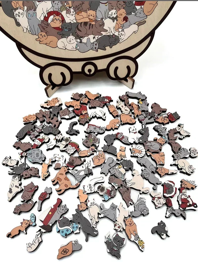 135-Piece Morandi-Colored Cat Shaped Wooden Jigsaw Puzzle