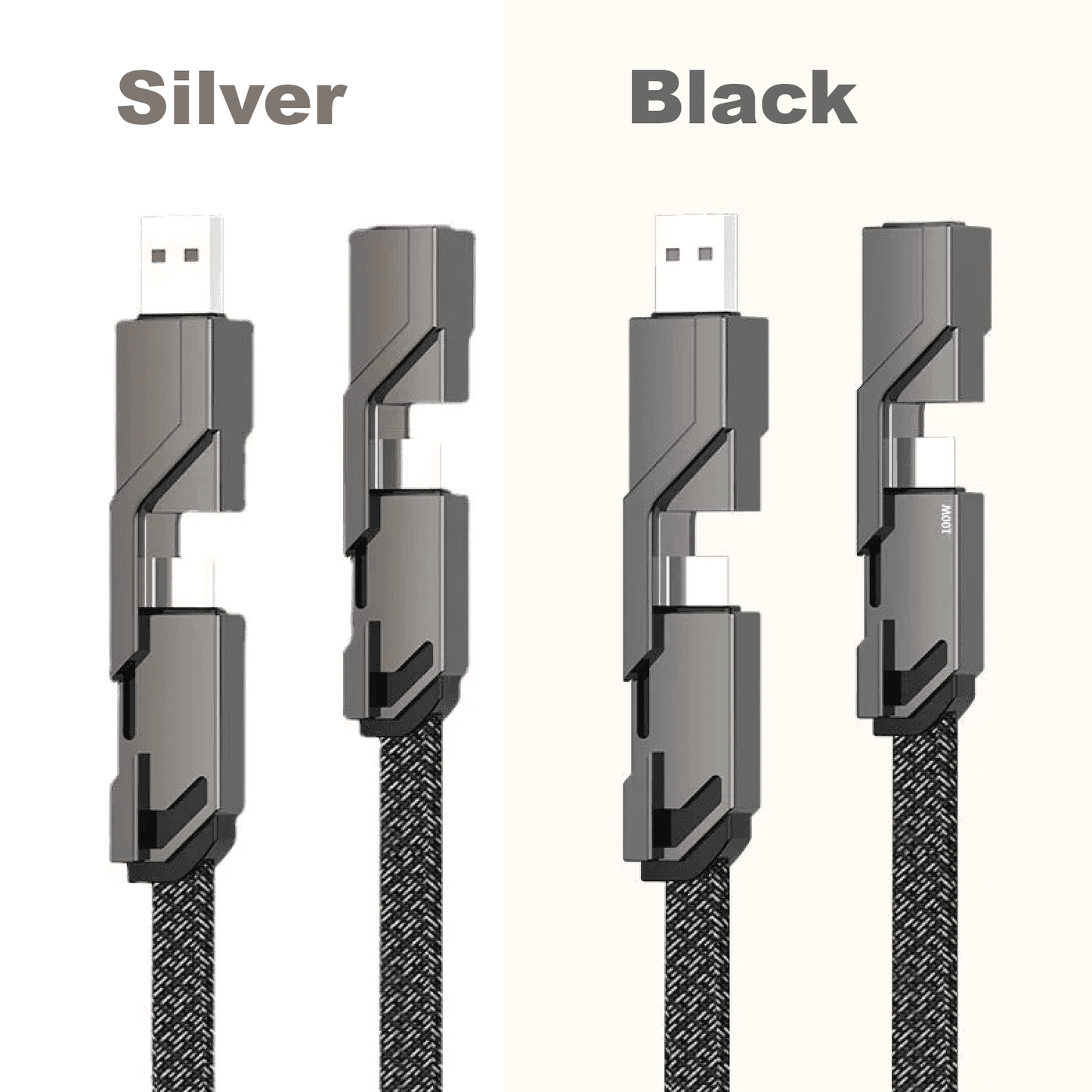 4-in-1 Flat Braided Anti-Tangle Charger Cord with Velcro