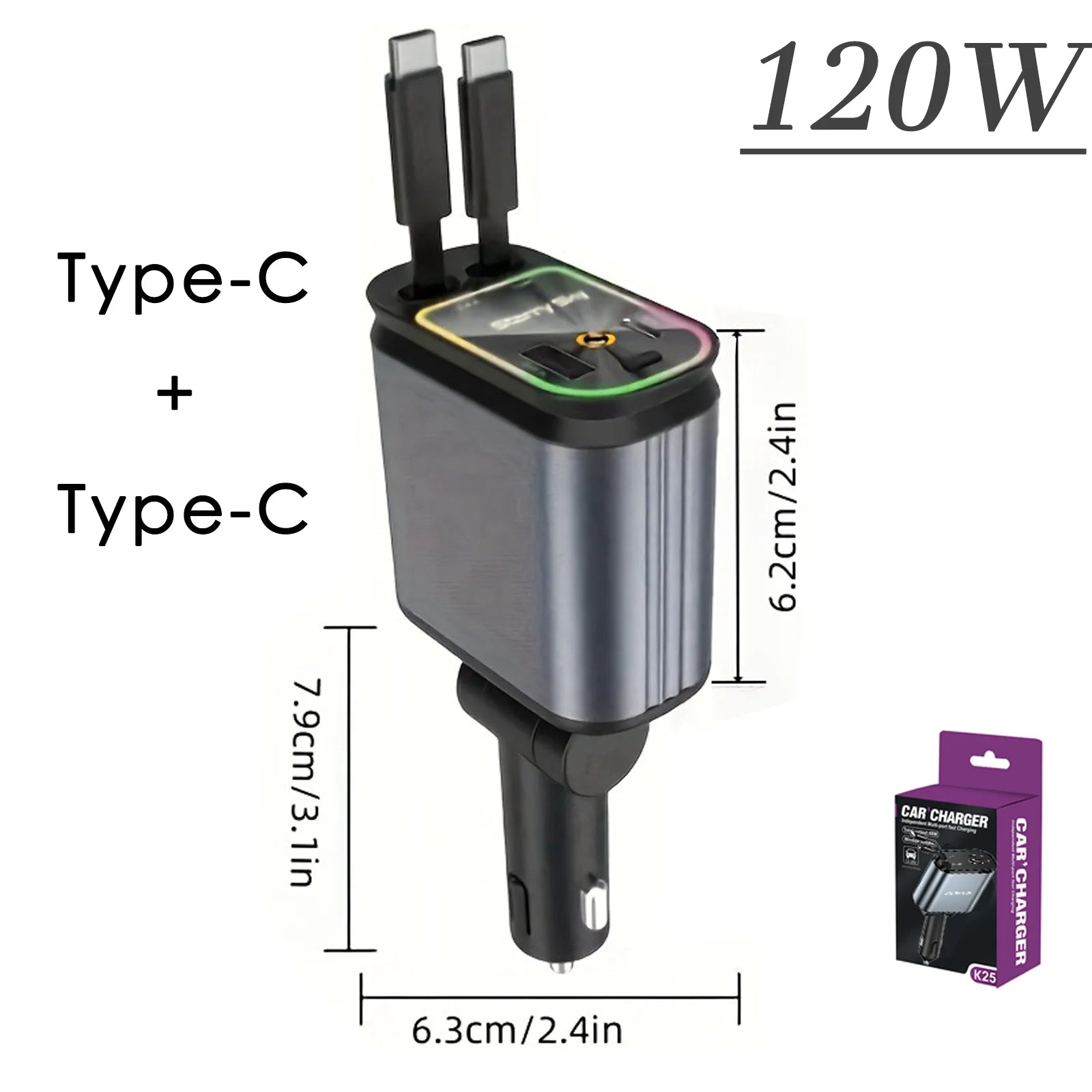 4in1 Retractable Car Charger with USB Roof Star