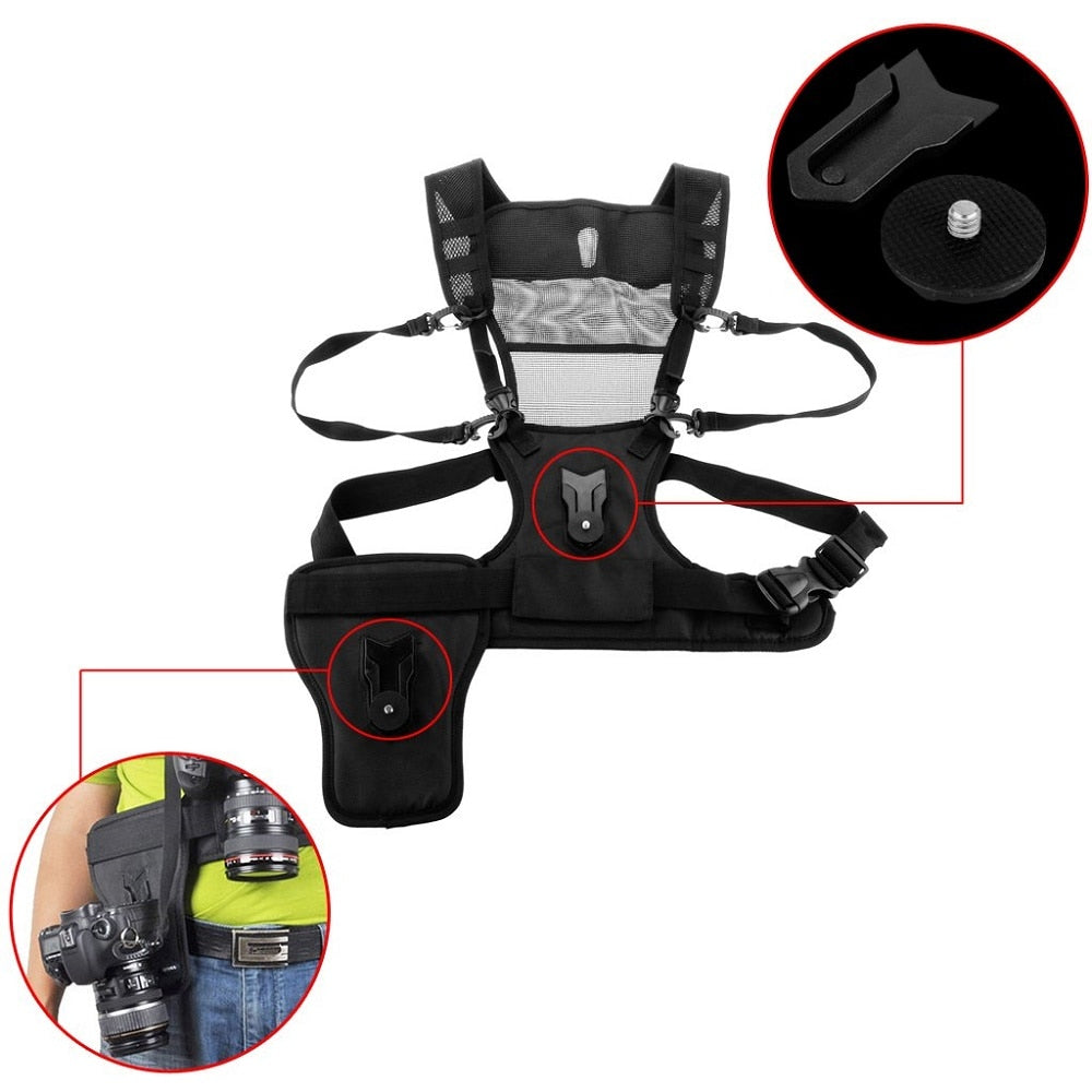 Carrier II Multi Dual 2 Camera Carrying Chest Harness System Vest Quick Strap with Side Holster