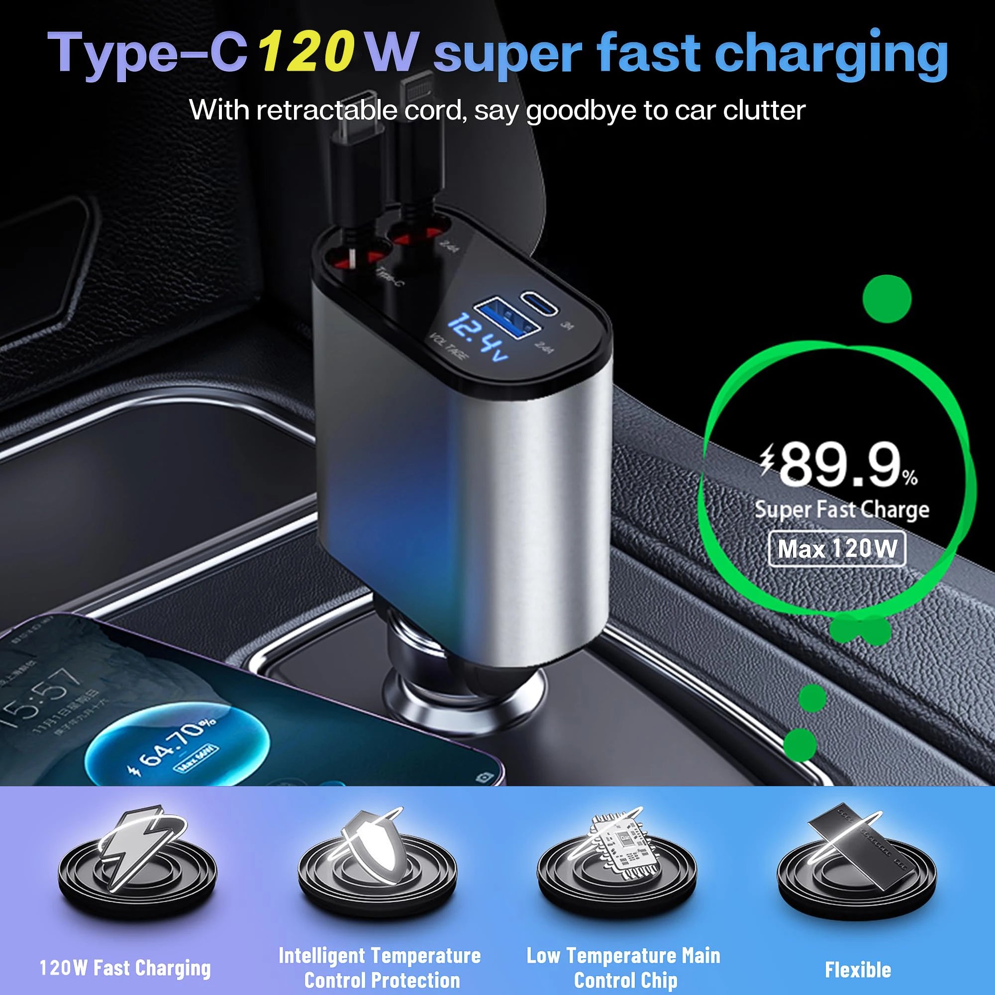 120/66w 4 IN 1 Retractable Car Charger Mobile Phone