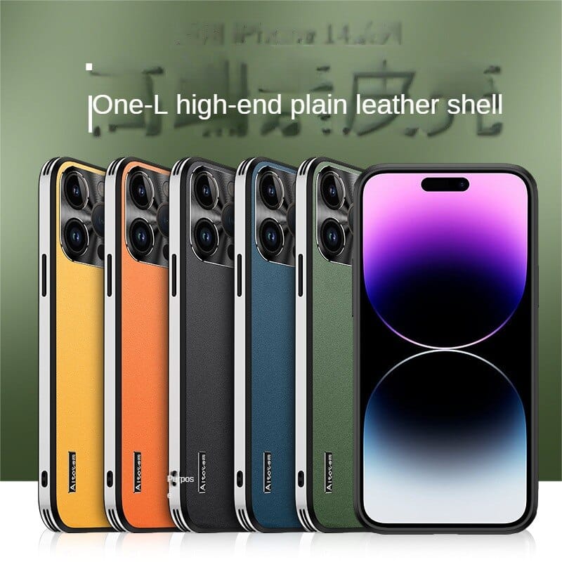 Business high-end vegan leather pattern metal lens ring drop-proof phone case (with logo)
