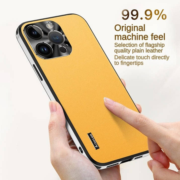 Business high-end vegan leather pattern metal lens ring drop-proof phone case (with logo)