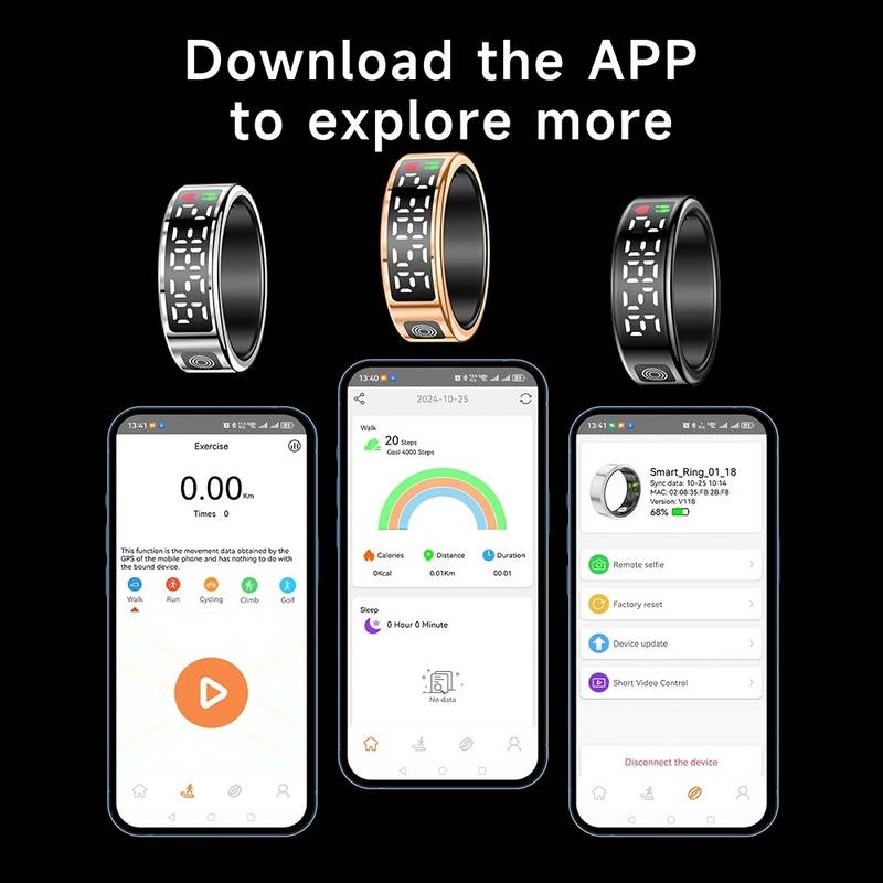 Smart Ring LED Display Screen Heart Rate Blood Oxygen Monitoring Multi Sports
