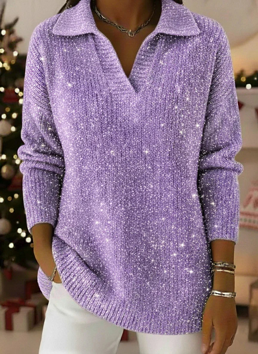 Christmas Party Polo Collar Shiny Loose Sweater Top
