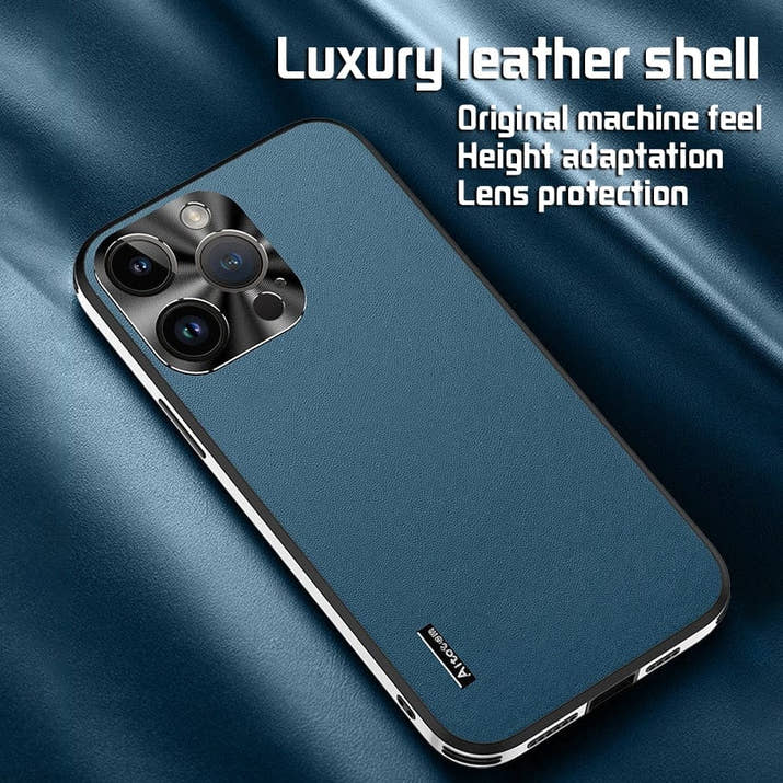 Business high-end vegan leather pattern metal lens ring drop-proof phone case (with logo)