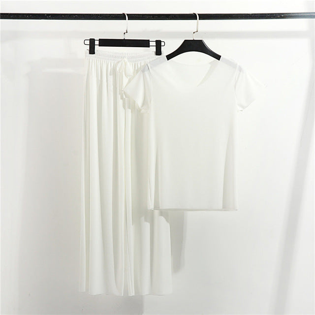 Soft Comfortable Ice Silk Short Sleeve T-Shirt Two Piece Set Loose Wide-leg Pants